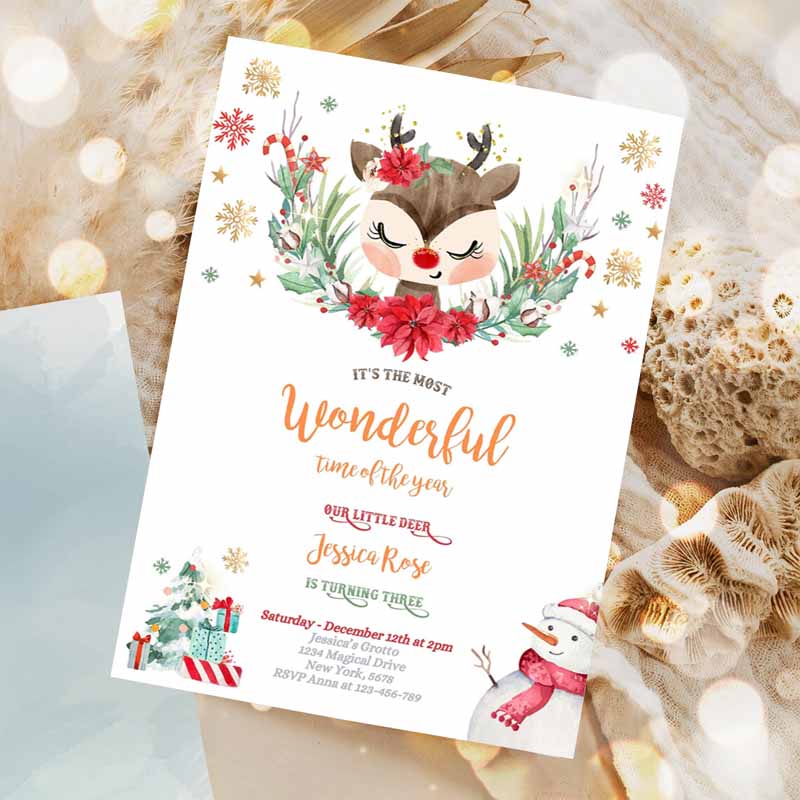 Reindeer Kids Birthday Invitation, Girl Christmas Reindeer Kids Birthday Invitation, North Pole Christmas Party