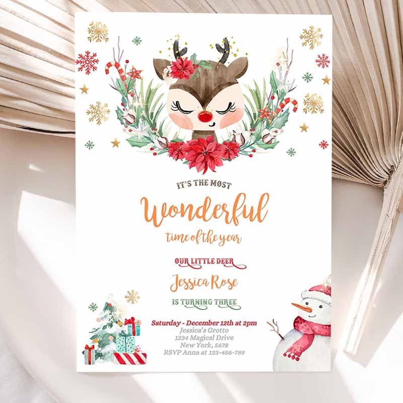 Reindeer Kids Birthday Invitation, Girl Christmas Reindeer Kids Birthday Invitation, North Pole Christmas Party