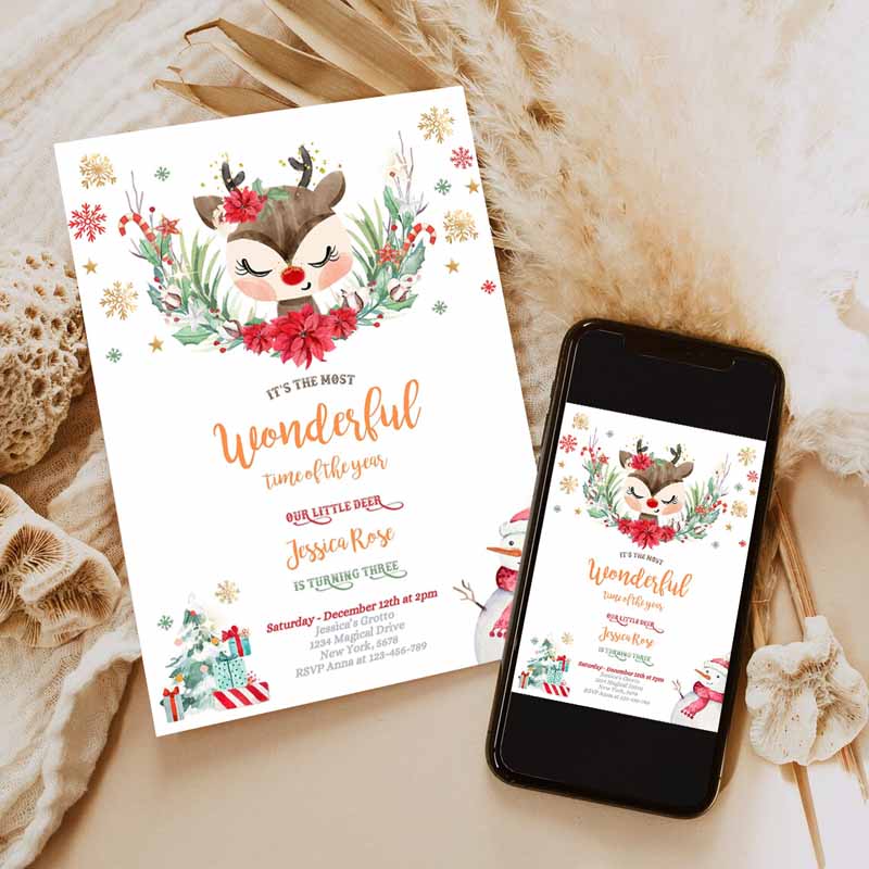 Reindeer Kids Birthday Invitation, Girl Christmas Reindeer Kids Birthday Invitation, North Pole Christmas Party