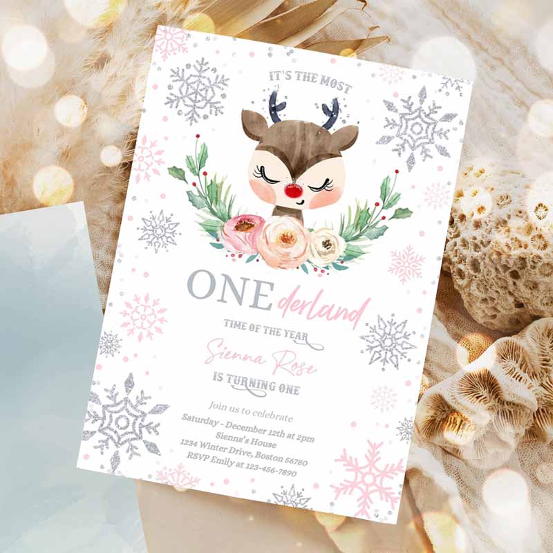 Reindeer Winter ONEderland Kids Birthday Invitation, Pink Silver Most ONEderful Time Ofe Christmas Kids Birthday