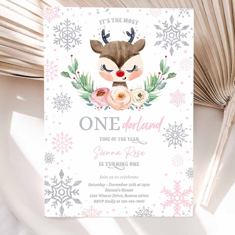 Reindeer Winter ONEderland Kids Birthday Invitation, Pink Silver Most ONEderful Time Ofe Christmas Kids Birthday