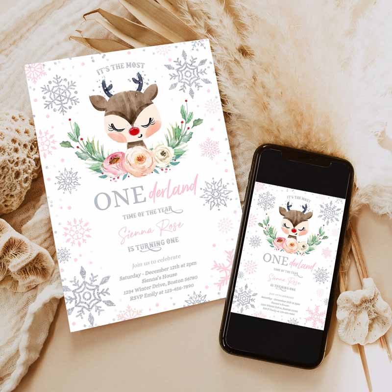 Reindeer Winter ONEderland Kids Birthday Invitation, Pink Silver Most ONEderful Time Ofe Christmas Kids Birthday