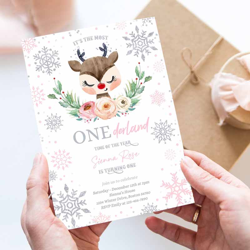 Reindeer Winter ONEderland Kids Birthday Invitation, Pink Silver Most ONEderful Time Ofe Christmas Kids Birthday