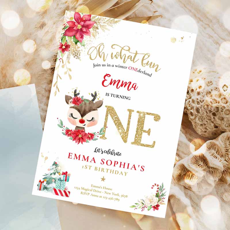 Reindeer Winter ONEderland Kids Birthday Invitation, Reindeer Christmas Kids Birthday, Invite Christmas Kids Birthday Invitation