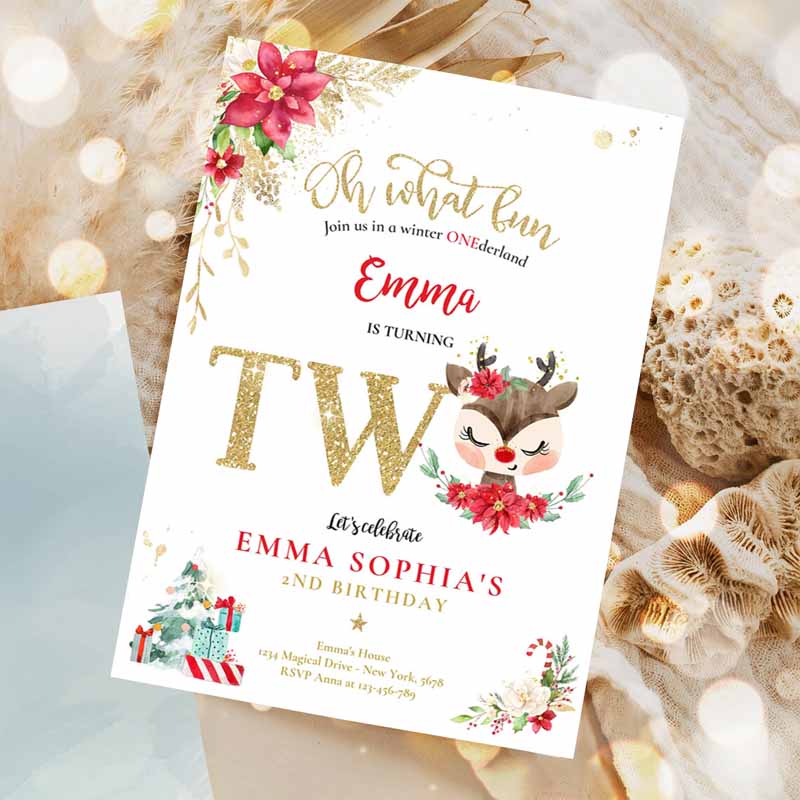 Reindeer Winter Wonderland Kids Birthday Invitation, Reindeer Christmas Kids Birthday, Invite Christmas Kids Birthday Invitation