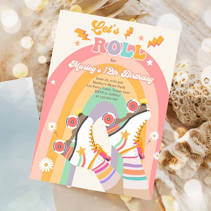 Retro Roller Skate Kids Birthday, Let's Roll Skating Kids Rainbow 's Skate Invite Download