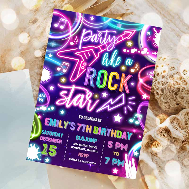 Rockar Kids Birthday, Neon Glow Party, Like A Rockstar Kids Birthday, Neon Glow Singing Music Party Invitation