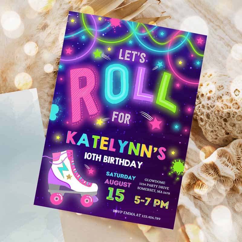 Roller Skating Invitation, Glow Roller Skating Kids Birthday, Roller Skating Neon Glow Disco Dance Party