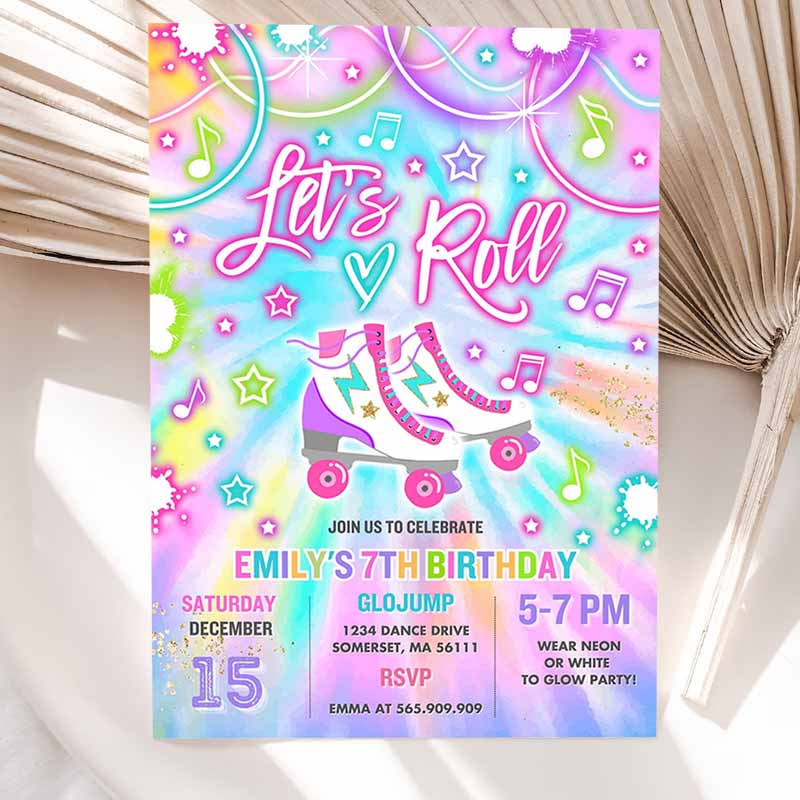 Roller Skating Invitation, Tie Dye Roller Skating Party, Invite Glow Tie Dye Skating Party, Neon Glow Skate Party