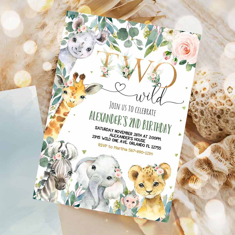 Safari Kids Birthday Invitation, Girl Two Wild Kids Birthday, Invite Gold Jungle Animals Invitations