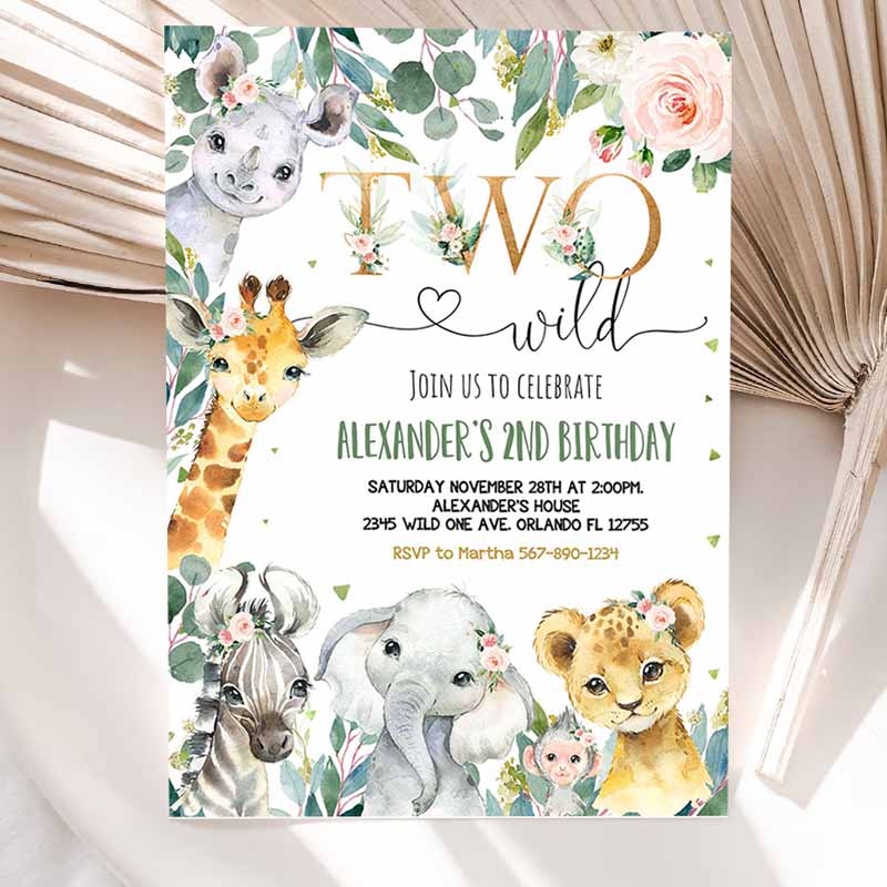 Safari Kids Birthday Invitation, Girl Two Wild Kids Birthday, Invite Gold Jungle Animals Invitations