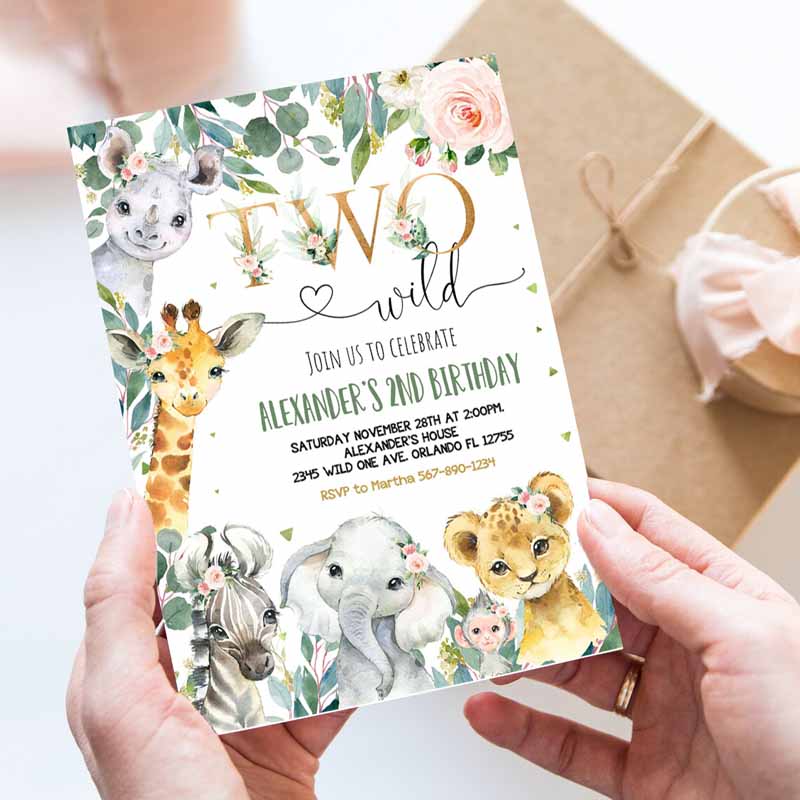 Safari Kids Birthday Invitation, Girl Two Wild Kids Birthday, Invite Gold Jungle Animals Invitations