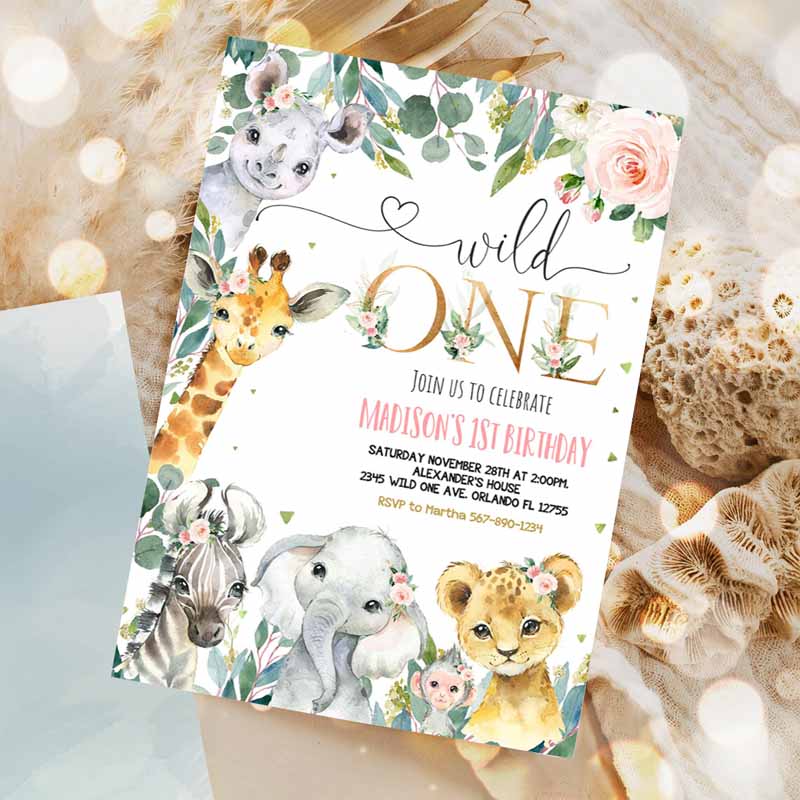 Safari Kids Birthday Invitation, Girl Wild One Kids Birthday, Invite Gold Jungle Animals Invitations