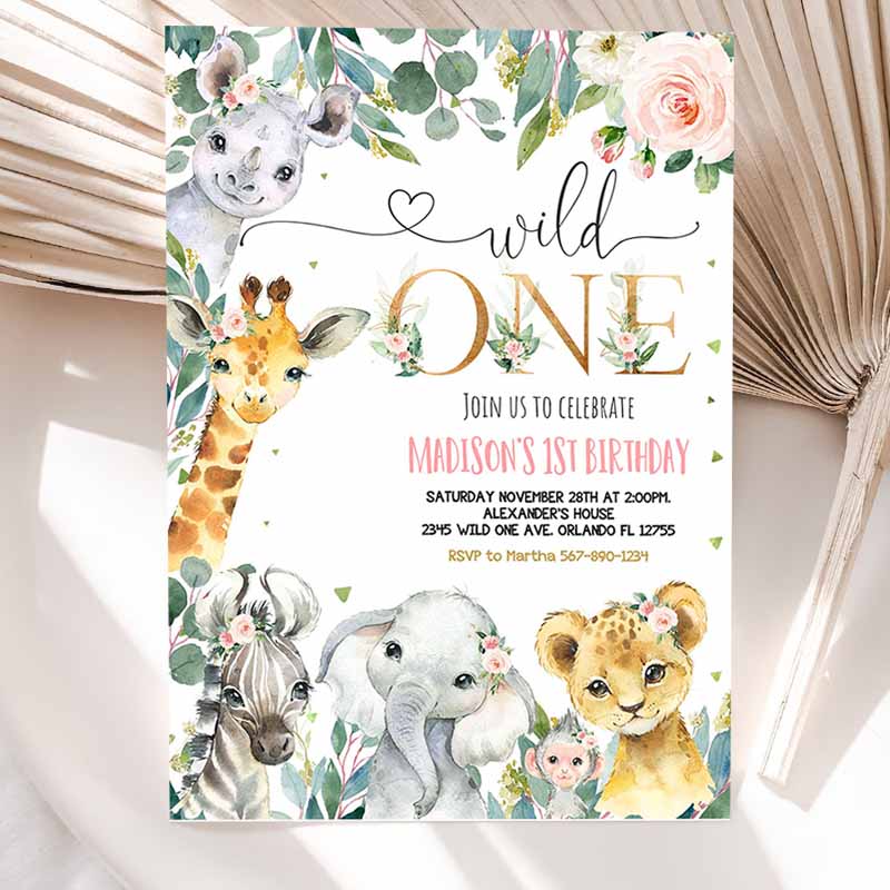 Safari Kids Birthday Invitation, Girl Wild One Kids Birthday, Invite Gold Jungle Animals Invitations