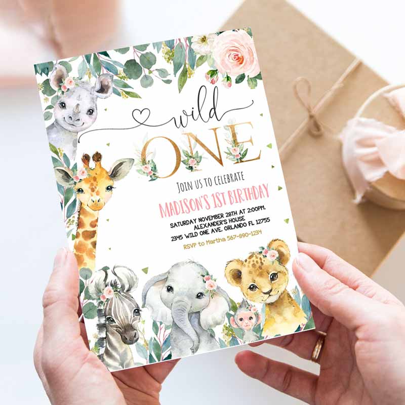 Safari Kids Birthday Invitation, Girl Wild One Kids Birthday, Invite Gold Jungle Animals Invitations