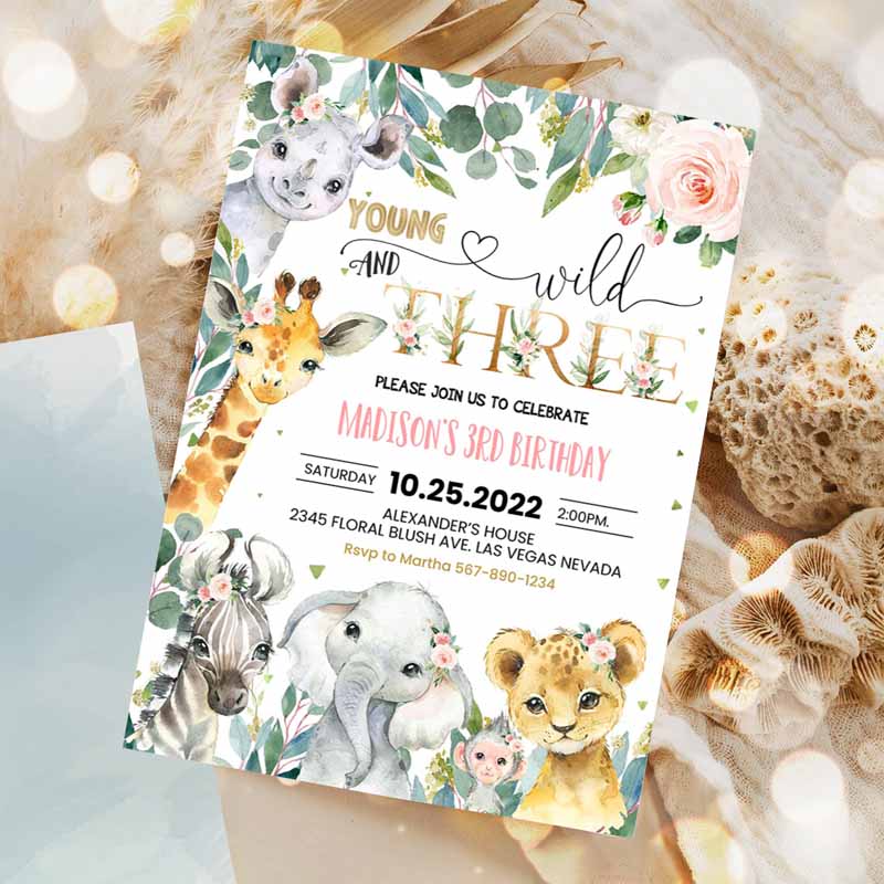 Safari Kids Birthday Invitation, Girl Young Wild and Three Kids Birthday, Invite Jungle Animals