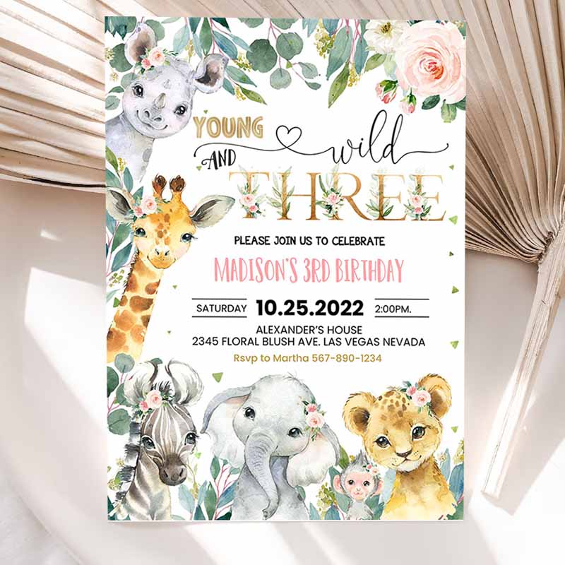 Safari Kids Birthday Invitation, Girl Young Wild and Three Kids Birthday, Invite Jungle Animals