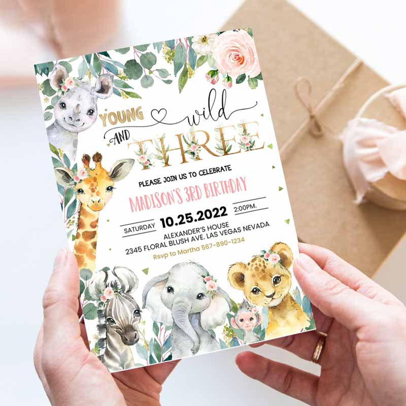 Safari Kids Birthday Invitation, Girl Young Wild and Three Kids Birthday, Invite Jungle Animals