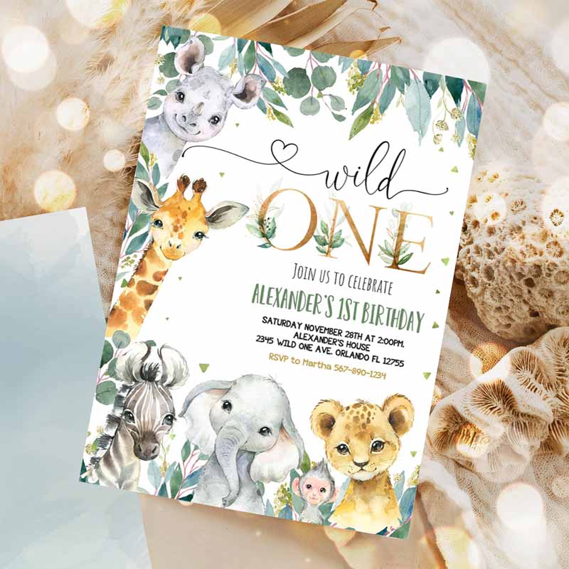 Safari Kids Birthday Invitation, Wild One Kids Birthday, Invite Gold Jungle Animals Invitation