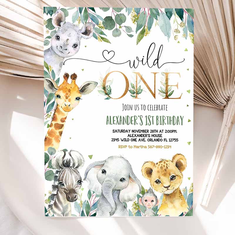 Safari Kids Birthday Invitation, Wild One Kids Birthday, Invite Gold Jungle Animals Invitations