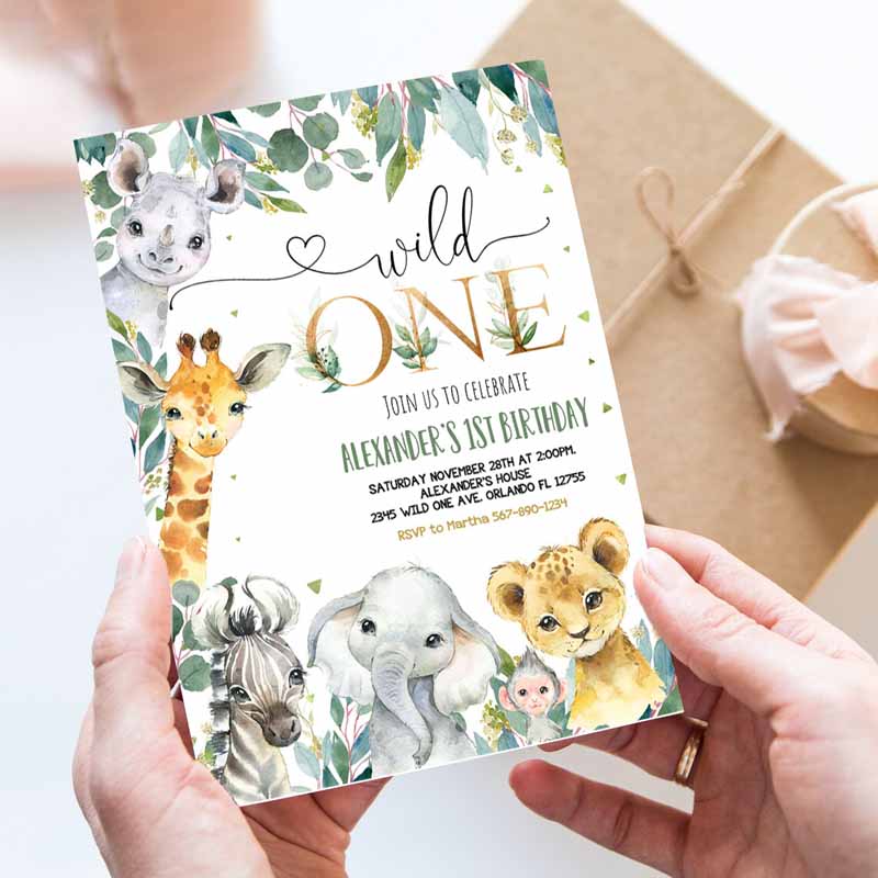 Safari Kids Birthday Invitation, Wild One Kids Birthday, Invite Gold Jungle Animals Invitations