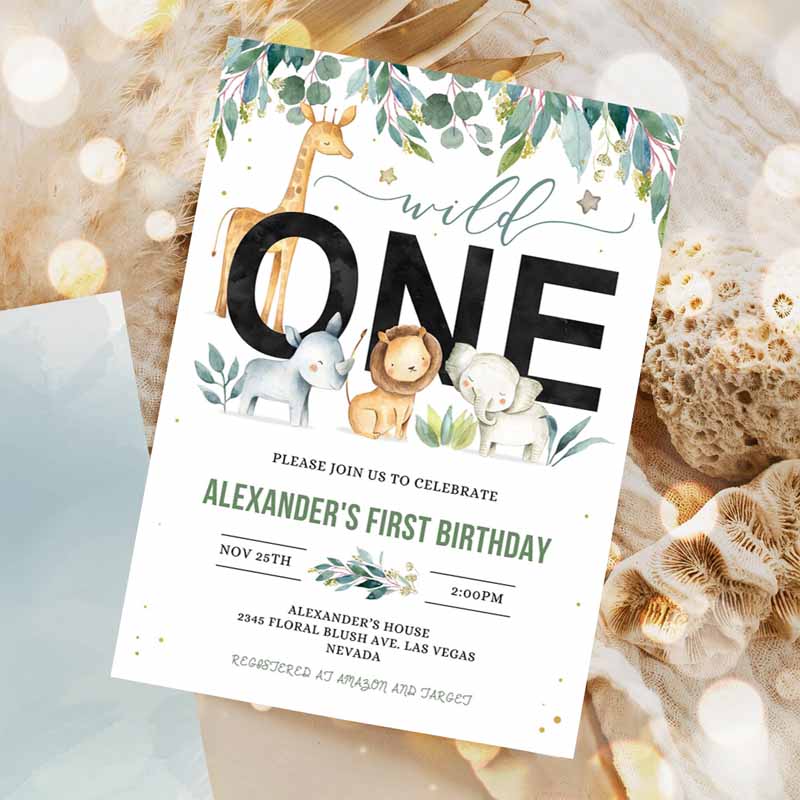 Safari Kids Birthday Invitation, Wild one Boy First Kids Birthday, Jungle Animals Invitations, Kids Birthday Party