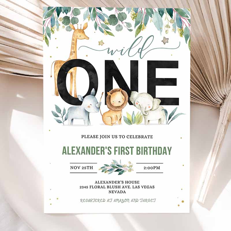 Safari Kids Birthday Invitation, Wild one Boy First Kids Birthday, Jungle Animals Invitations, Kids Birthday Party