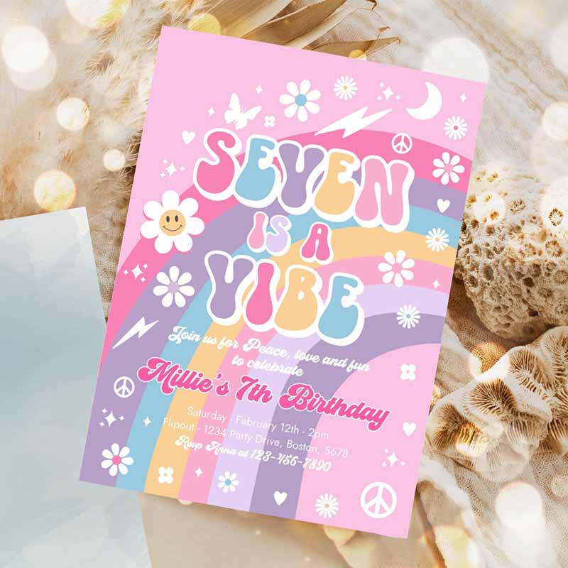 Seven Is A Vibe Groovy Kids Birthday, Pink Purple Blue Groovy Rainbow Hippie Kids Birthday Invitation