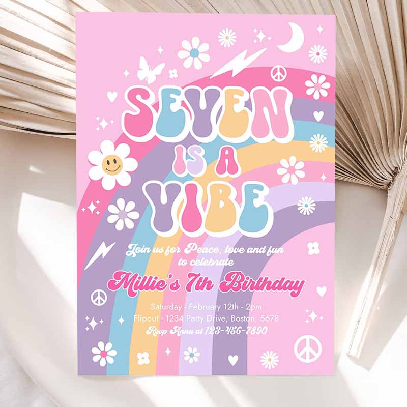 Seven Is A Vibe Groovy Kids Birthday, Pink Purple Blue Groovy Rainbow Hippie Kids Birthday