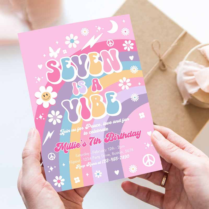 Seven Is A Vibe Groovy Kids Birthday, Pink Purple Blue Groovy Rainbow Hippie Kids Birthday