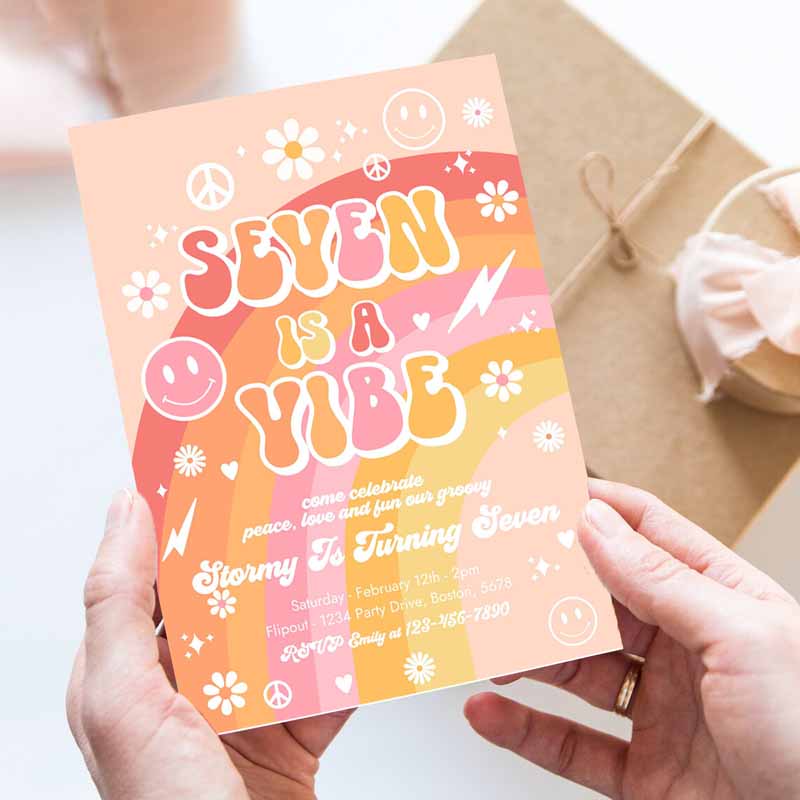 Seven Is A Vibe Groovy Kids Birthday, Peace Love Party, Rainbow Party, Hippie Groovy Kids Birthday