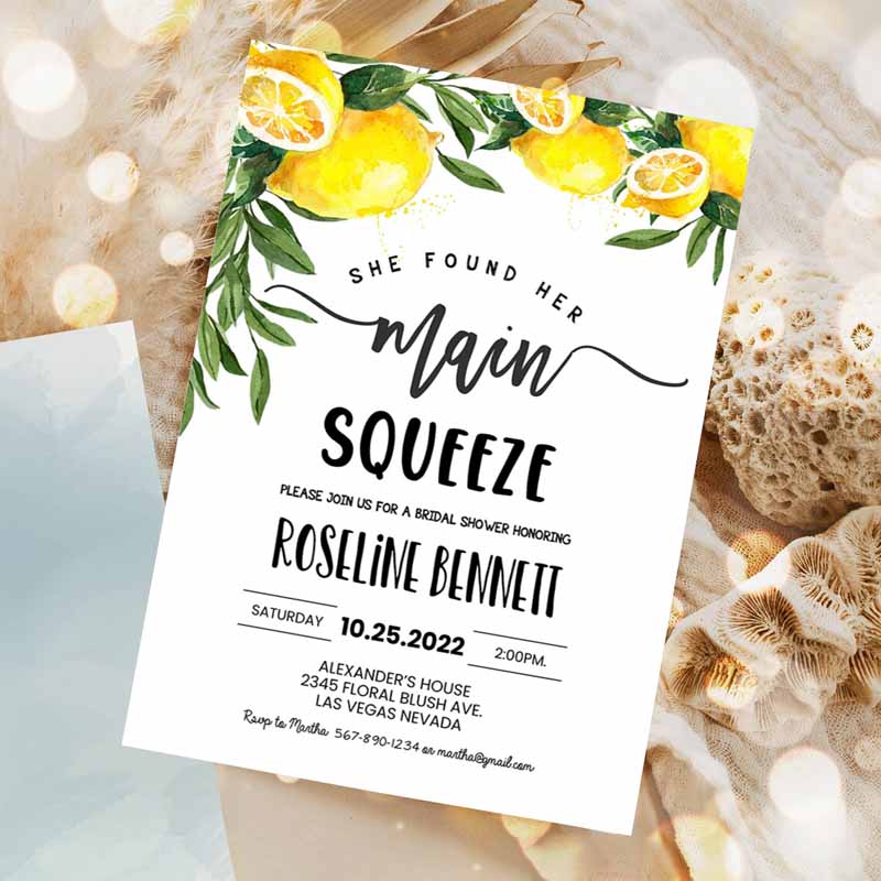 She Found Her Main Squeeze Bridal Shower Invitation, Lemon Citrus Watercolor Invite Summer