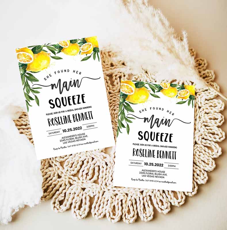 She Found Her Main Squeeze Bridal Shower Invitation, Lemon Citrus Watercolor Invite Summer