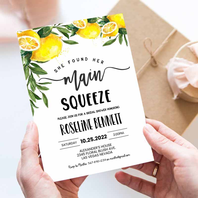 She Found Her Main Squeeze Bridal Shower Invitation, Lemon Citrus Watercolor Invite Summer