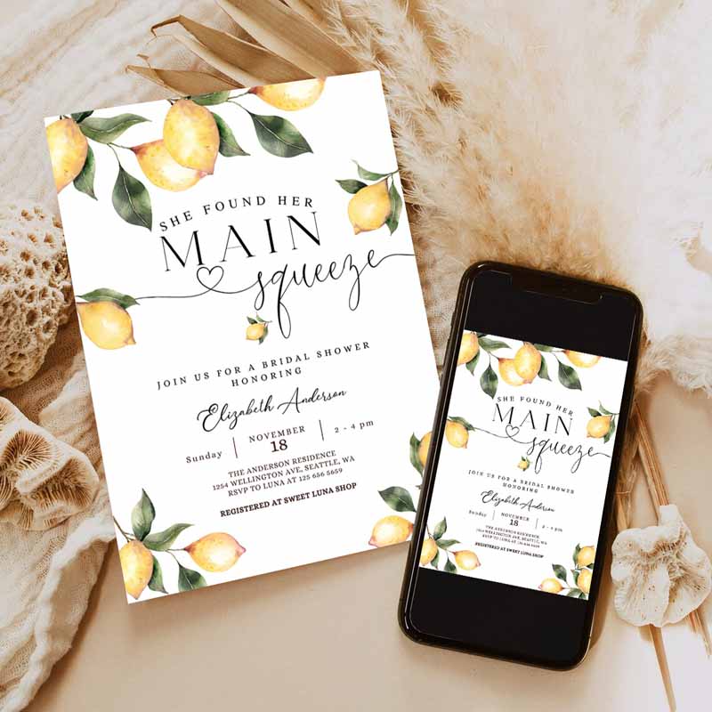 She Found Her Main Squeeze Invite Rustic Lemon Bridal Shower Invitation, Bridal Shower Invite Printable