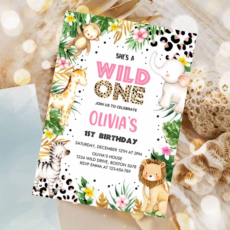 She's a Wild One Leopard Print Safari Animals Kids Birthday, Leopard Print Jungle Kids Birthday Party