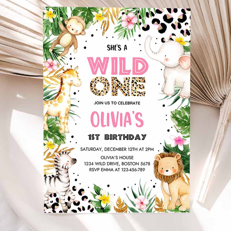 She's a Wild One Leopard Print Safari Animals Kids Birthday, Leopard Print Jungle Kids Birthday Party