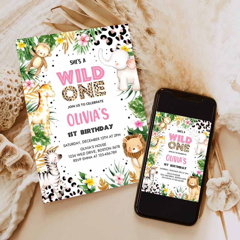 She's a Wild One Leopard Print Safari Animals Kids Birthday, Leopard Print Jungle Kids Birthday Party