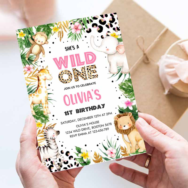 She's a Wild One Leopard Print Safari Animals Kids Birthday, Leopard Print Jungle Kids Birthday Party