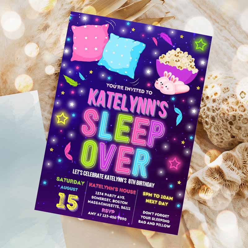 Sleepover Invitation, Slumber Party Invitation, Sleepover Kids Birthday Invitation, Pajama Party, Neon Glow Sleepover Party Invitation