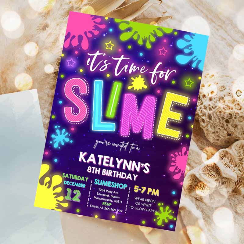 Slime Invitation, Glow Slime Invitation, Neon Slime Kids Birthday, Invite Time For Slime Experiment Slime Party Invitation