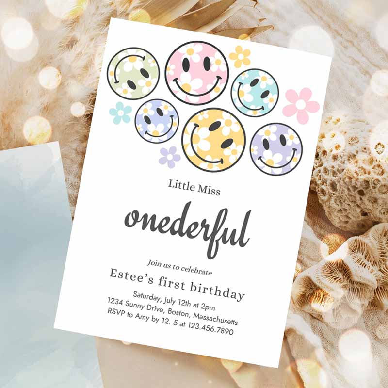 Smiley Daisy Face Kids Birthday Invitation Daisy Little Miss Onederful Kids Birthday, Happy Face Party Invitation