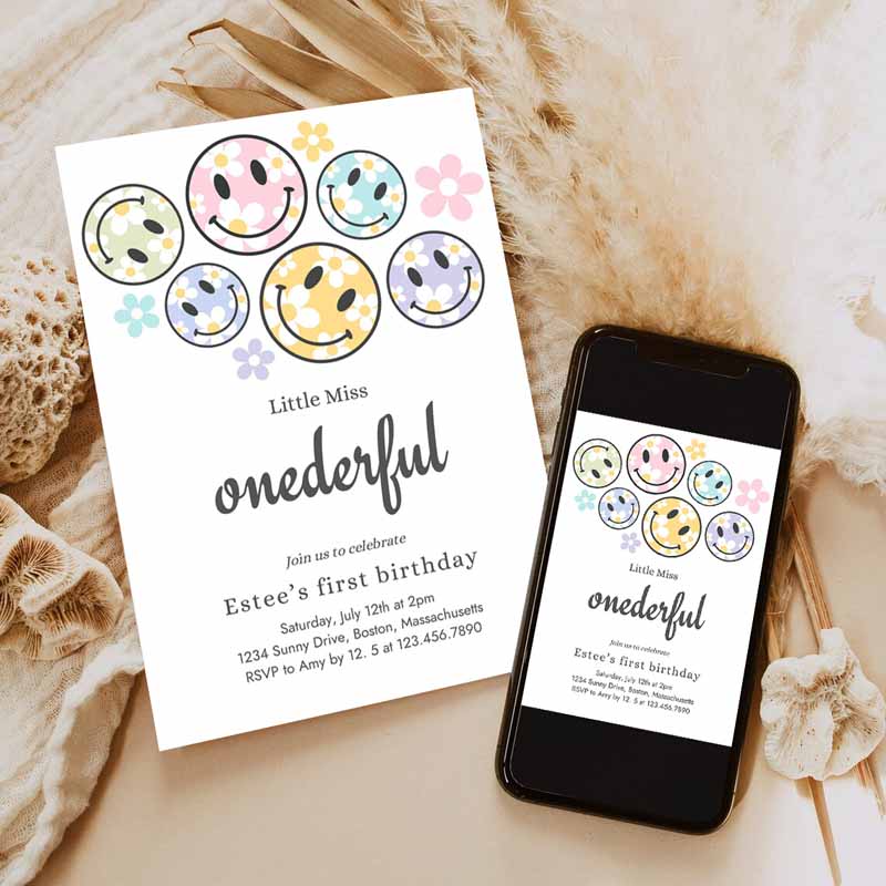 Smiley Daisy Face Kids Birthday Invitation Daisy Little Miss Onederful Kids Birthday, Happy Face Party