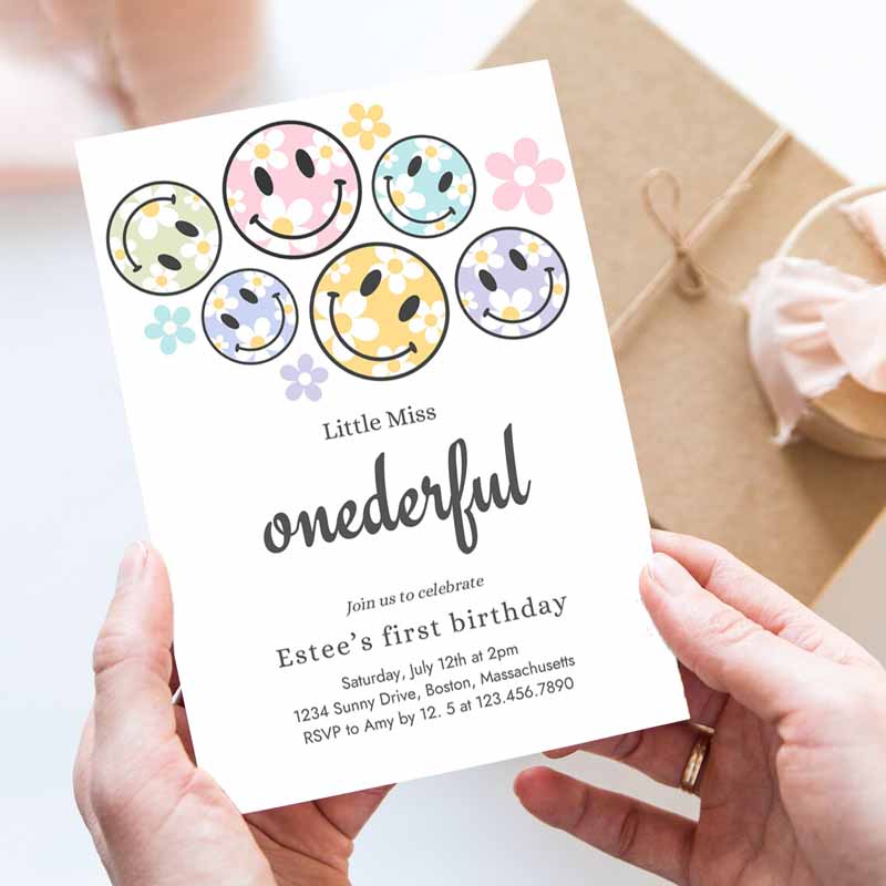 Smiley Daisy Face Kids Birthday Invitation Daisy Little Miss Onederful Kids Birthday, Happy Face Party