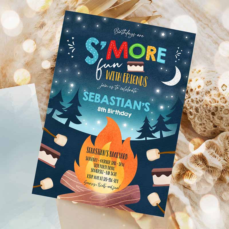 S'mores Kids Birthday Invitation, S'mores Bonfire Kids Birthday, Invite Backyard Camping S'mores Fun Together Bonfire Party Invitation