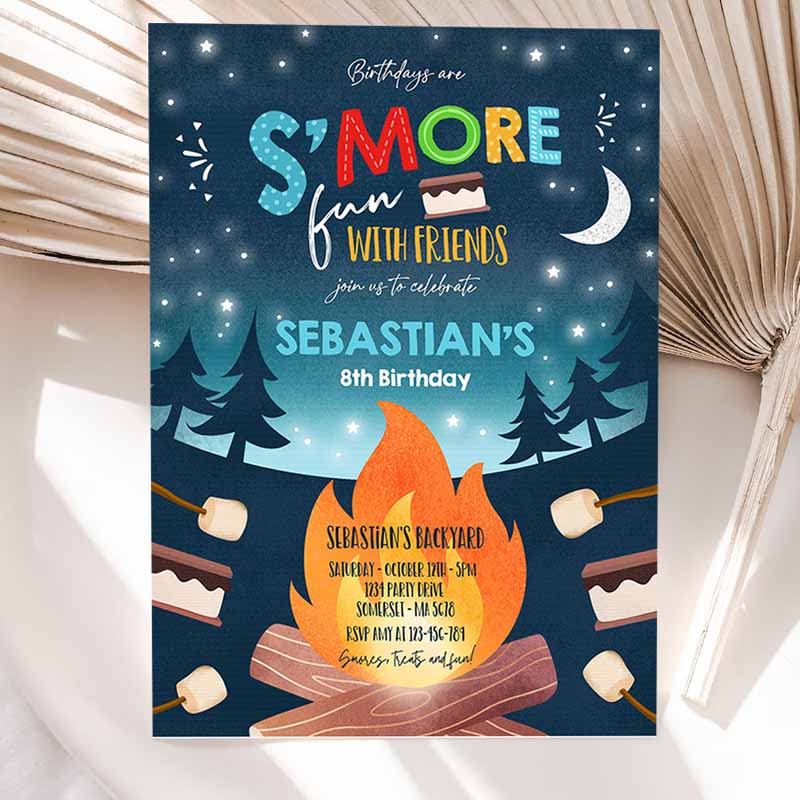 S'mores Kids Birthday Invitation, S'mores Bonfire Kids Birthday, Invite Backyard Camping S'mores Fun Together Bonfire Party Invitation