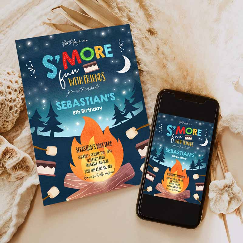 S'mores Kids Birthday Invitation, S'mores Bonfire Kids Birthday, Invite Backyard Camping S'mores Fun Together Bonfire Party Invitation