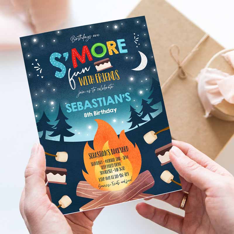 S'mores Kids Birthday Invitation, S'mores Bonfire Kids Birthday, Invite Backyard Camping S'mores Fun Together Bonfire Party Invitation