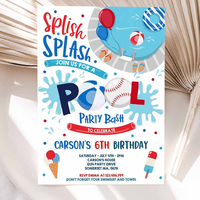 Soccer Pool Party Invitation, Sports Summer Pool Party, Sports Pool BBQ Kids Birthday Party, Pool Party