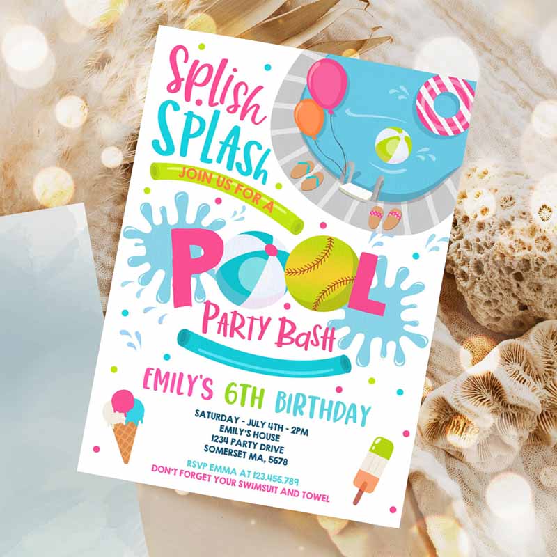 Softball Pool Party, Kids Birthday Invitation, Girl Summer Softball Team Pool Party, Pool BBQ Kids Birthday, Pool Party